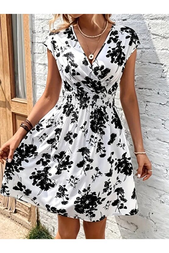 Gökyüzü Moda Kadın Kısa Kollu Kruvaze Yakalı çiçekli Desenli Süprem Elbise