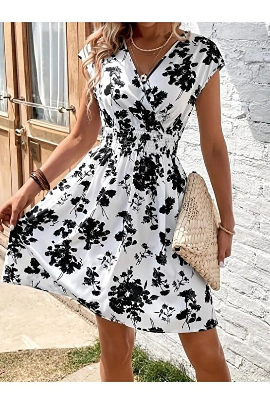 Gökyüzü Moda Kadın Kısa Kollu Kruvaze Yakalı çiçekli Desenli Süprem Elbise