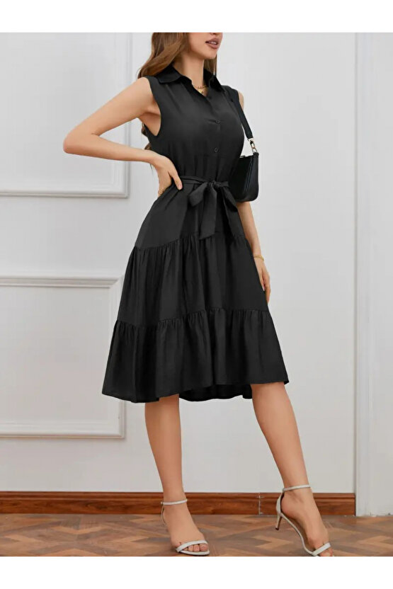 Gökyüzü Moda Kadın Kısa Kollu Gömlek Yaka Düğmeli Beli Kuşaklı Katlı Dokuma Midi Elbise