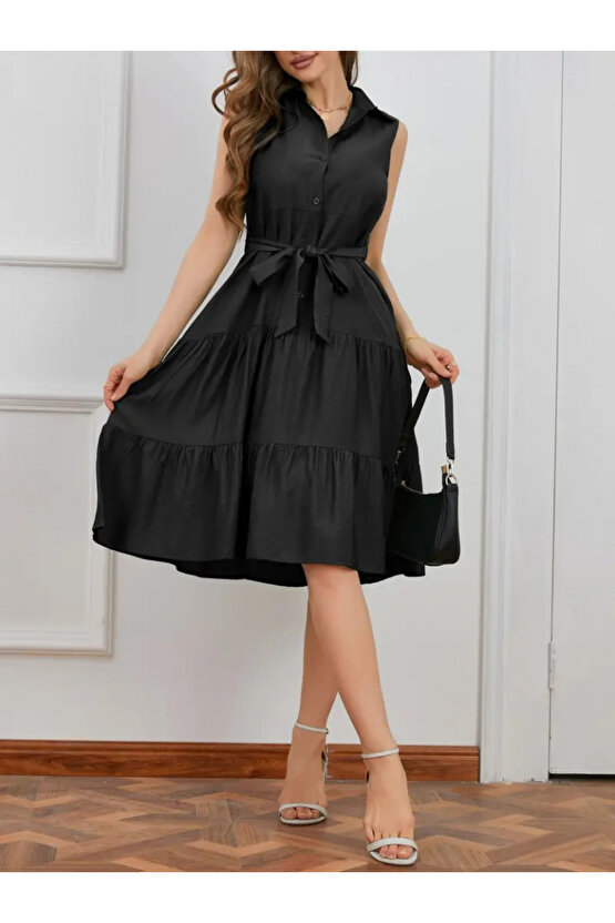 Gökyüzü Moda Kadın Kısa Kollu Gömlek Yaka Düğmeli Beli Kuşaklı Katlı Dokuma Midi Elbise