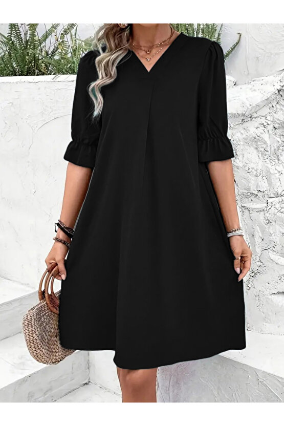 Gökyüzü Moda Kadın Kısa Kollu V Yakalı Salaş Janjan Krep Elbise