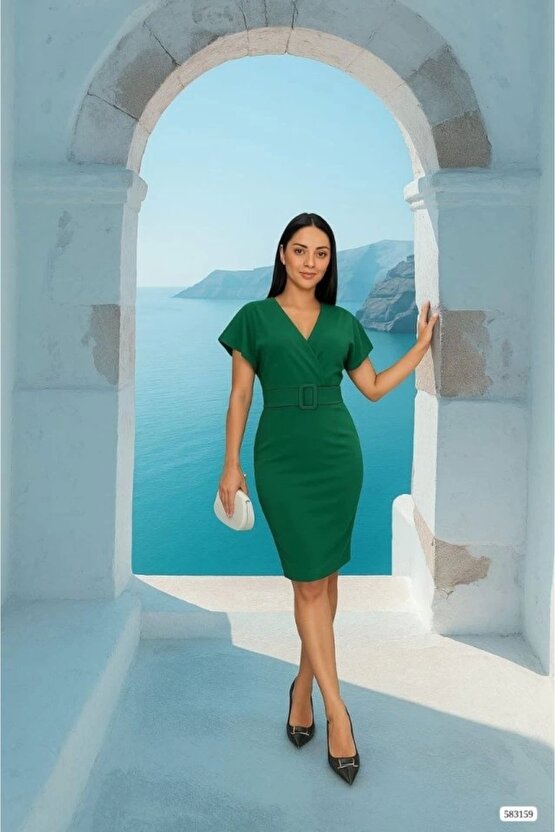 Kadın Dalgıç Krep V Yaka Ve Sırt Dekolte Detaylı Elbise