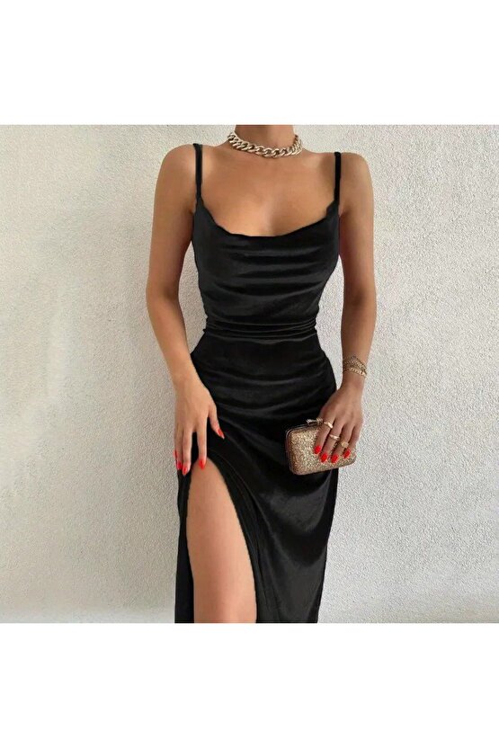 Gökyüzü Moda Kadın Askılı Degaje Yakalı Yırtmaçlı Kadife Midi Elbise