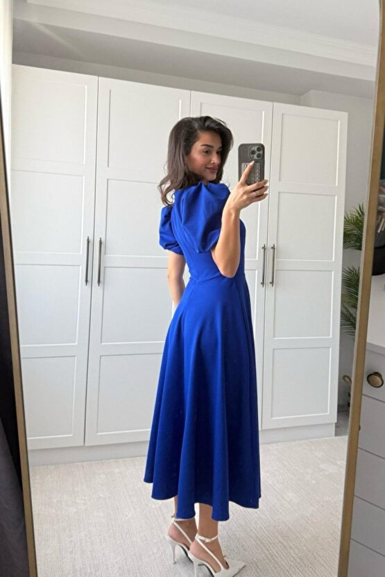 Gökyüzü Moda Kadın Kısa Balon Kollu Bisiklet Yaka Geniş Kesim Janjan Krep Elbise