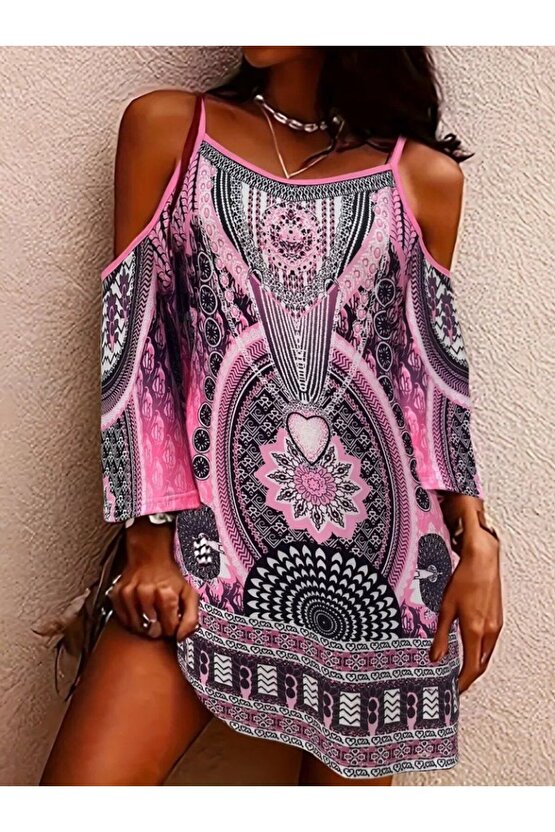 Gökyüzü Moda Kadın Askılı Omuzlardan Açık Truvakar Kol Desenli Kısa Süprem Elbise