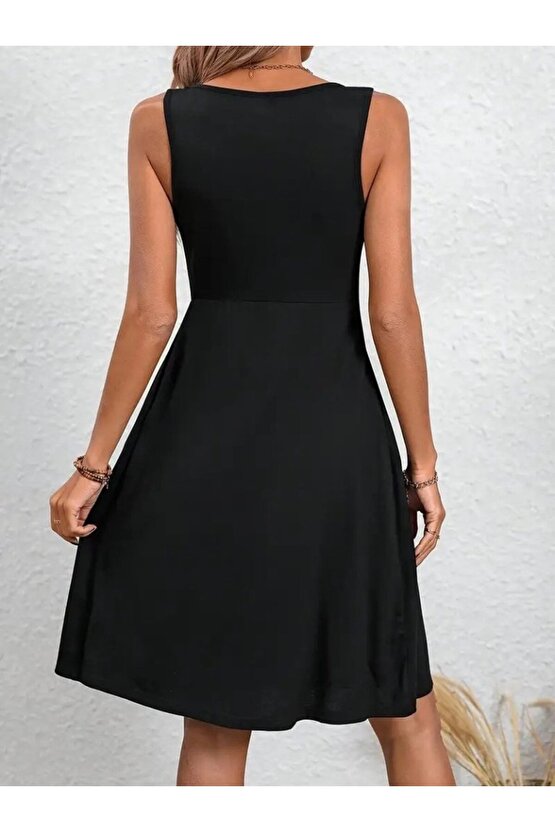 Kadın Askılı Yuvarlak Yaka önden Pileli Viskon Elbise