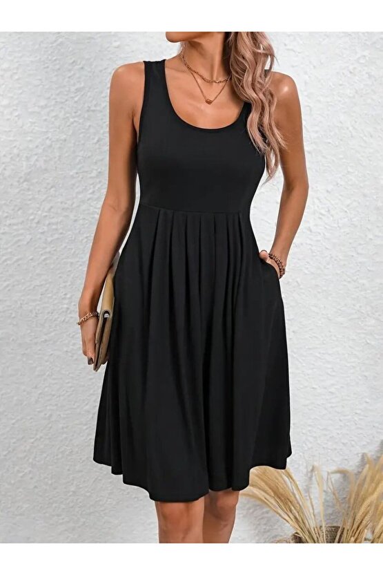 Gökyüzü Moda Kadın Askılı Yuvarlak Yaka önden Pileli Viskon Elbise