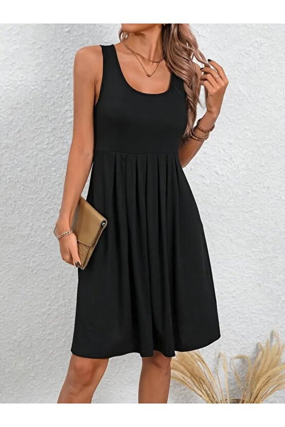 Gökyüzü Moda Kadın Askılı Yuvarlak Yaka önden Pileli Viskon Elbise