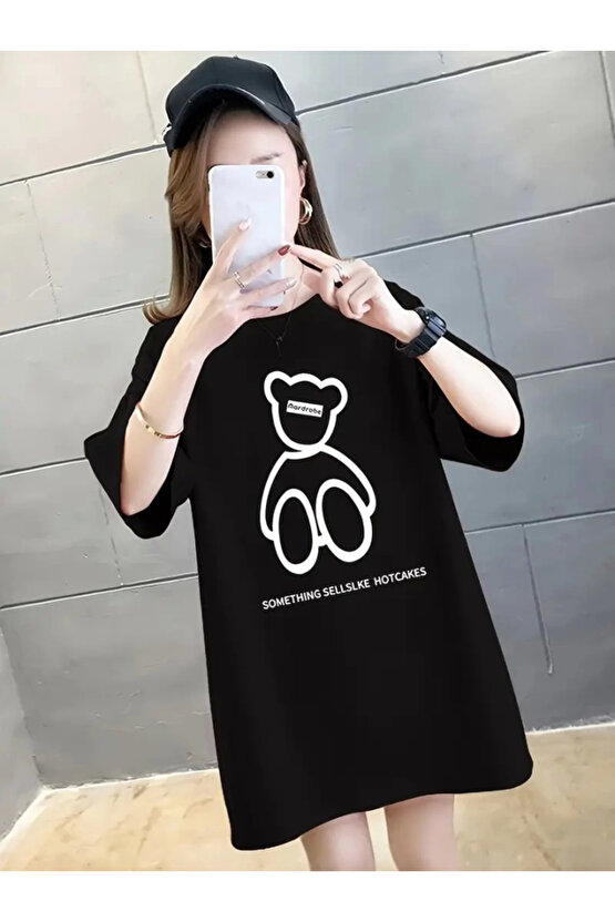 Gökyüzü Moda Baskılı Oversize Bisiklet Yaka T-shirt - Siyah