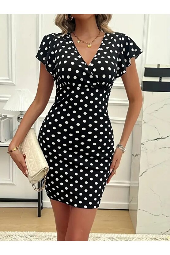 Gökyüzü Moda Kadın Kısa Kollu Kruvaze Yakalı örme Puantiyeli Krep Elbise