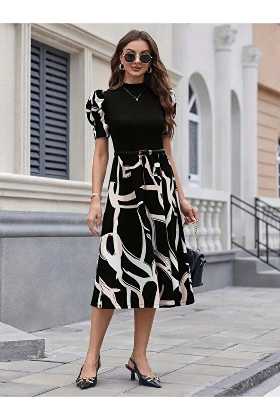 Kadın Kısa Kollu Yarı Balıkçı Yaka üst Viskon Alt Desenli Dokuma Midi Elbise