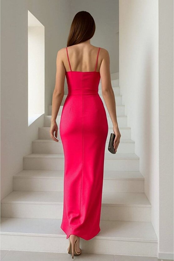 Gökyüzü Moda Kadın Dalgıç Kumaş V Yaka Yırtmaç Detaylı Maxi Boy Elbise