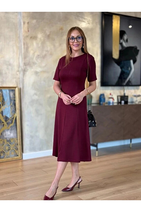 MDB Kadın Kısa Kollu Bisiklet Yaka Midi Viskon Iki Iplik Elbise