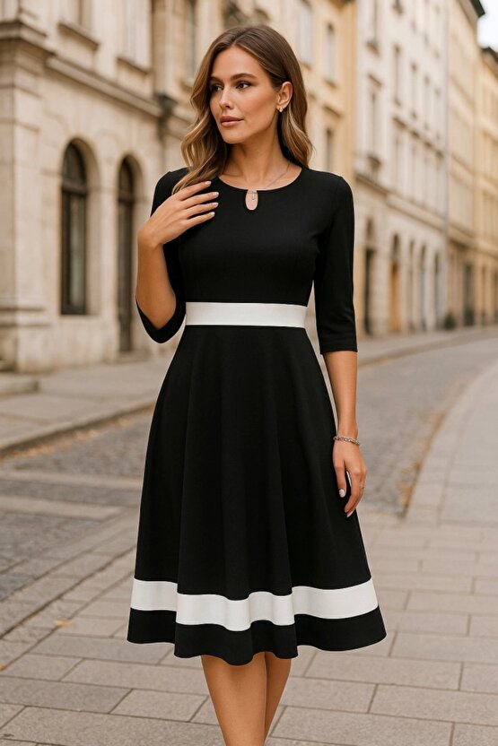 Kadın Fakir Kol Yakası Açık Blok Renkli Krep Midi Elbise