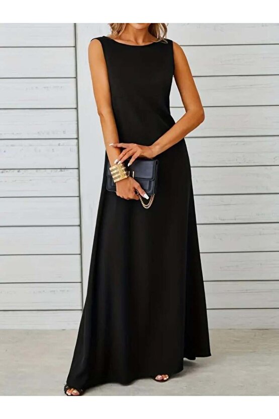 Kadın Kolsuz Kayık Yaka Maksi Janjan Krep Elbise