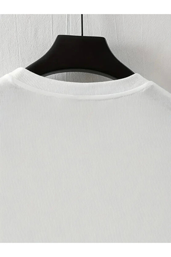 Baskılı Oversize Bisiklet Yaka T-shirt - Beyaz