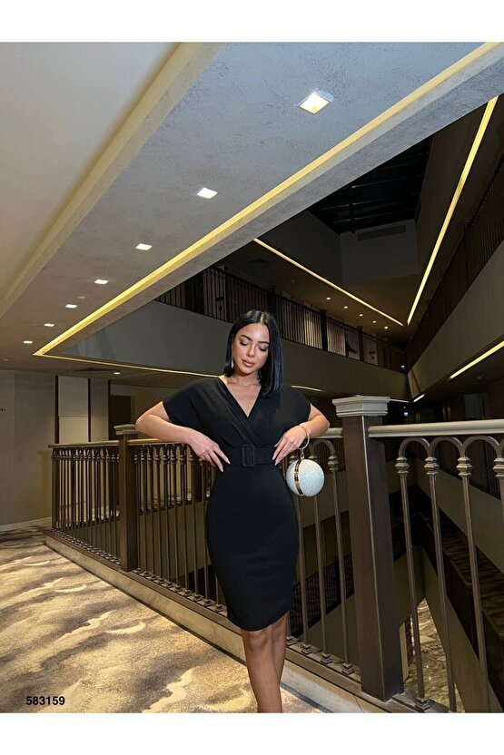 Gökyüzü Moda Kadın Dalgıç Krep V Yaka Ve Sırt Dekolte Detaylı Elbise