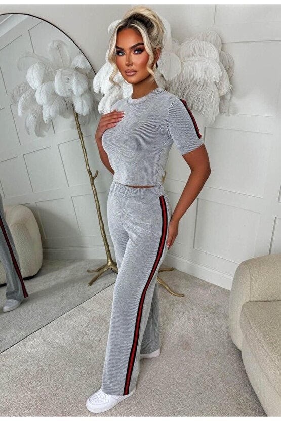 Gökyüzü Moda Kadın Ottoman Kumaş şerit Detaylı Ikili Takım