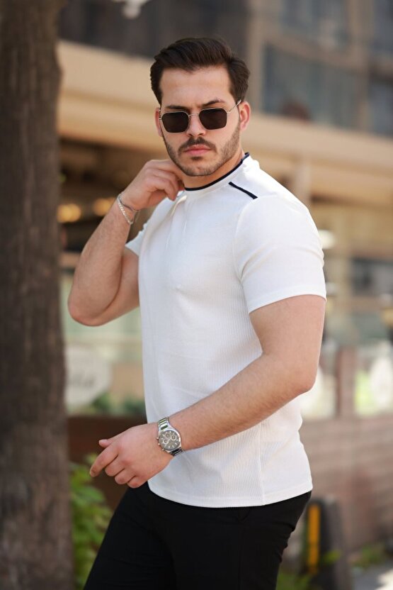 Gökyüzü Moda Erkek Omuzlar çizgi Detaylı Kısa Kollu T-shirt