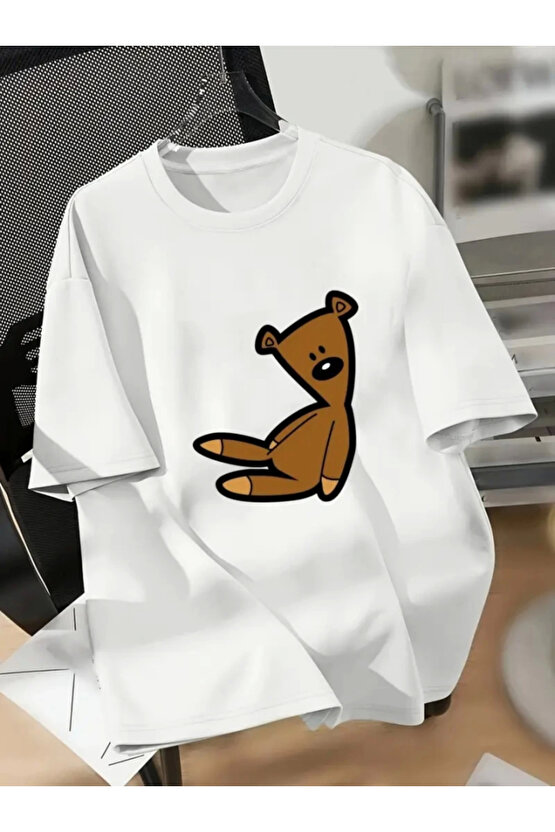 Gökyüzü Moda Baskılı Oversize Bisiklet Yaka T-shirt - Beyaz