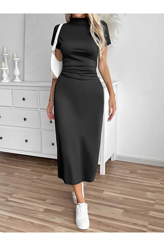 Gökyüzü Moda Kadın Yarı Balıkçı Yaka Yırtmaçlı Dalgıç Midi Elbise