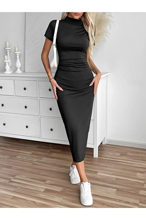 Gökyüzü Moda Kadın Yarı Balıkçı Yaka Yırtmaçlı Dalgıç Midi Elbise