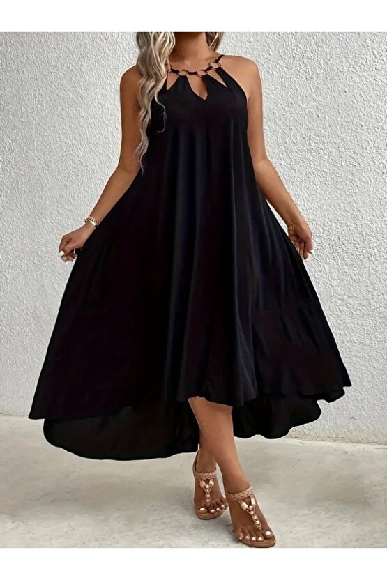 Gökyüzü Moda Kadın Boyundan Askılı Damla Detaylı Halkalı Asimetrik Kesim Viskon Elbise