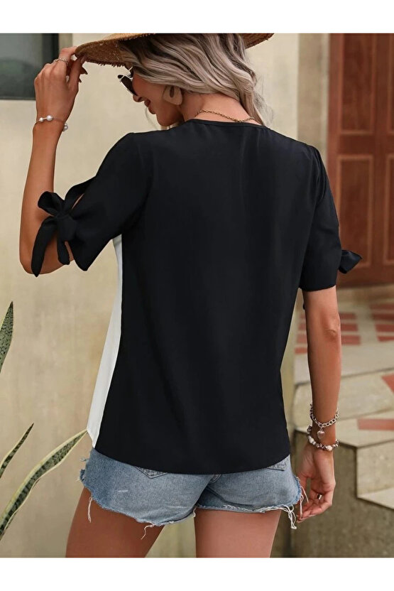 MDB Kadın Kısa Kollu Kollardan Bağlamalı önden Asimetrik Kesim çift Renk Detaylı Düğmeli Ithal Krep