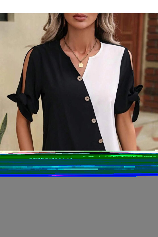 MDB Kadın Kısa Kollu Kollardan Bağlamalı önden Asimetrik Kesim çift Renk Detaylı Düğmeli Ithal Krep