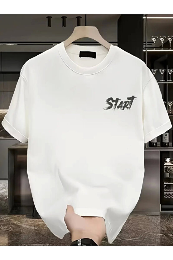 Gökyüzü Moda Baskılı Oversize Bisiklet Yaka T-shirt - Beyaz