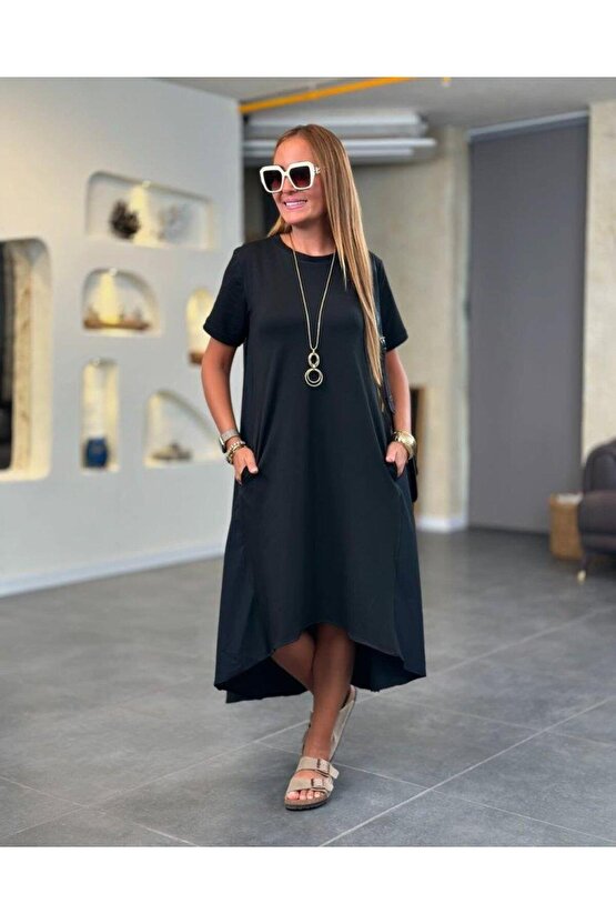 Kadın Kısa Kollu Bisiklet Yaka Asimetrik Kesim ön Viskon Arkası Trikoton Elbise