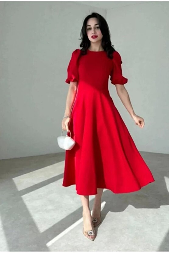 Kadın Kısa Balon Kollu Bisiklet Yaka Geniş Kesim Janjan Krep Elbise