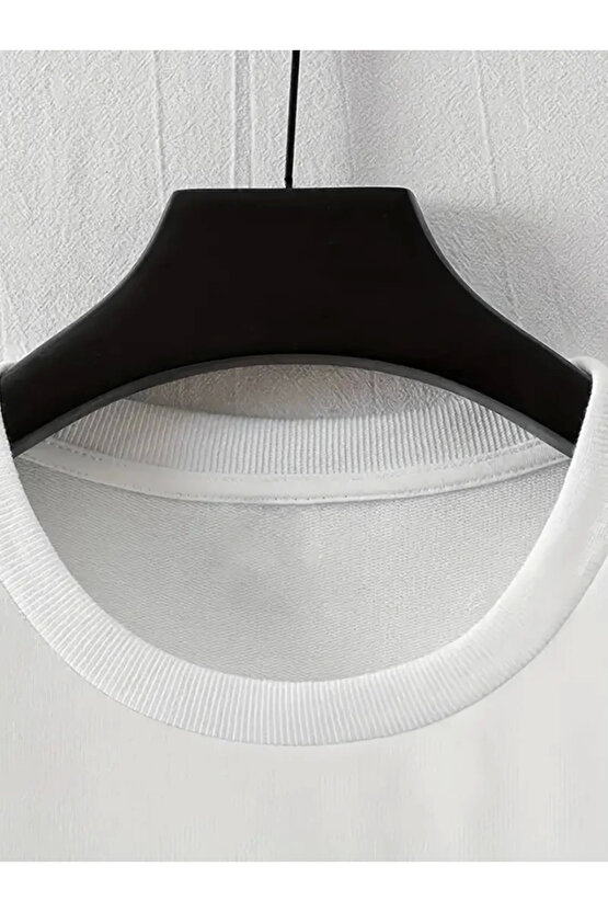 Baskılı Oversize Bisiklet Yaka T-shirt - Beyaz