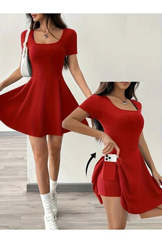 Kadın Kısa Kollu Kare Yaka Short Detaylı Cepli Dalgıç Elbise
