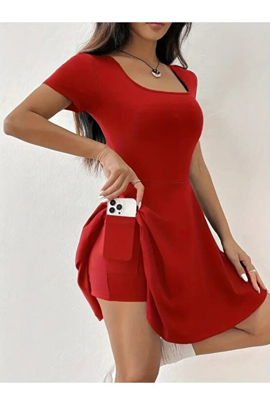 Kadın Kısa Kollu Kare Yaka Short Detaylı Cepli Dalgıç Elbise