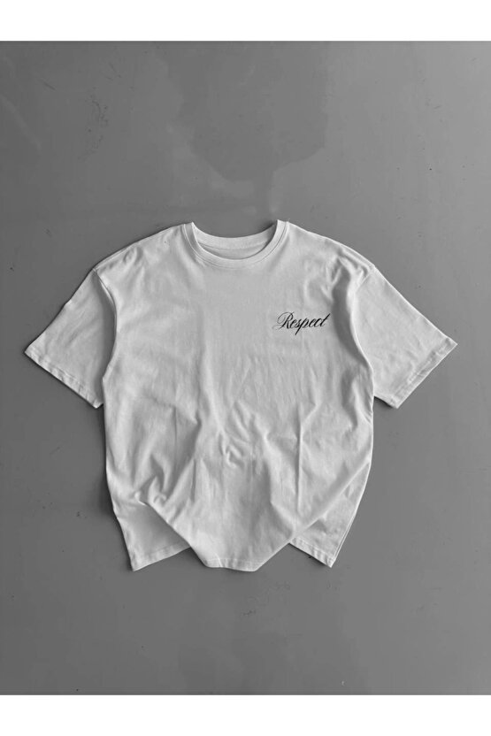 Baskılı Oversize Bisiklet Yaka T-shirt - Beyaz