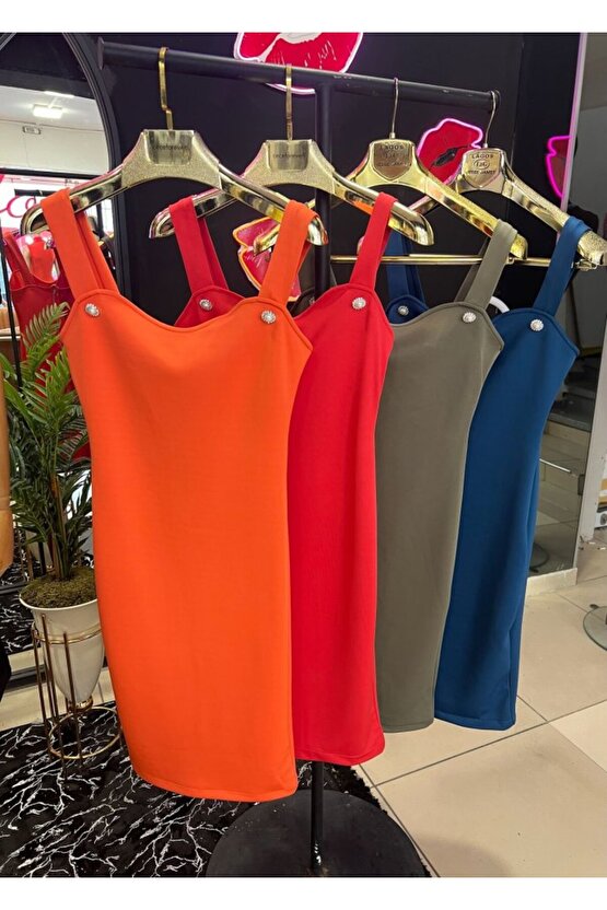 Gökyüzü Moda Kadın Dalgıç Kumaş Düğmeli Fermuarlı Askılı Elbise