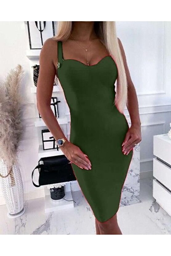 Gökyüzü Moda Kadın Dalgıç Kumaş Düğmeli Fermuarlı Askılı Elbise