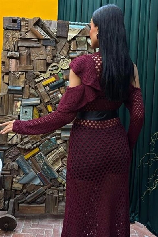 Saten Kuşaklı Ajurlu Triko Elbise 2847