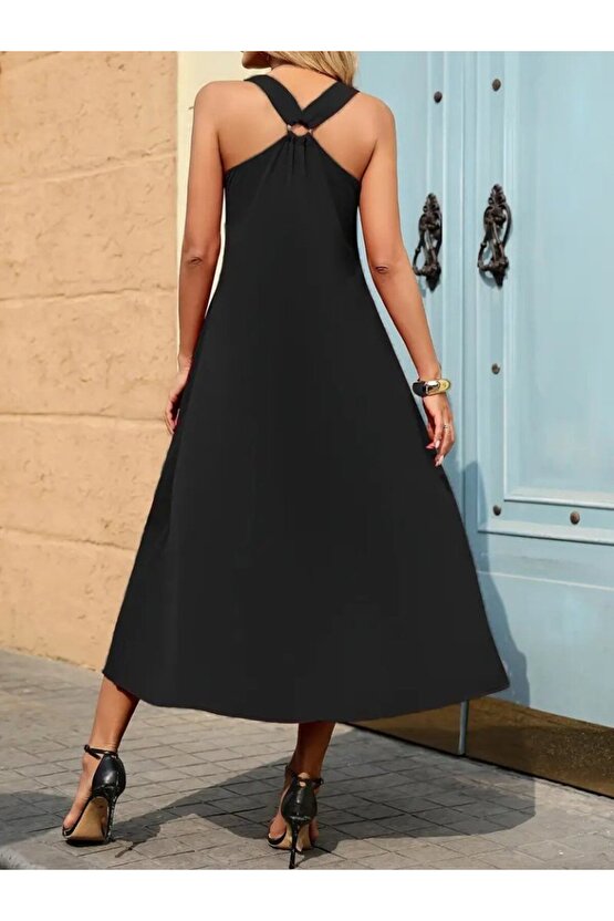 Gökyüzü Kadın Askılı V Yakalı Halka Detaylı Maksi Boy Viskon Elbise