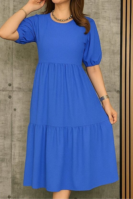 Gökyüzü Moda Kadın Kısa Kollu Yakası Açık Katlı Bürümcük Balon Elbise