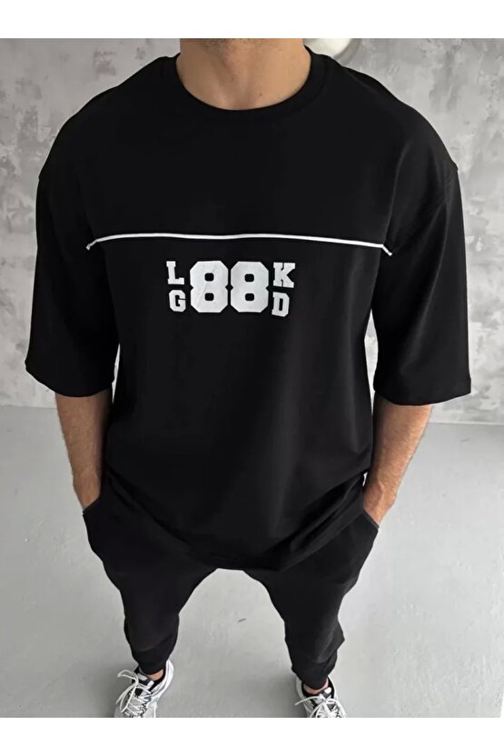 Unisex Bisiklet Yaka Baskılı Oversize T-Shirt - Siyah