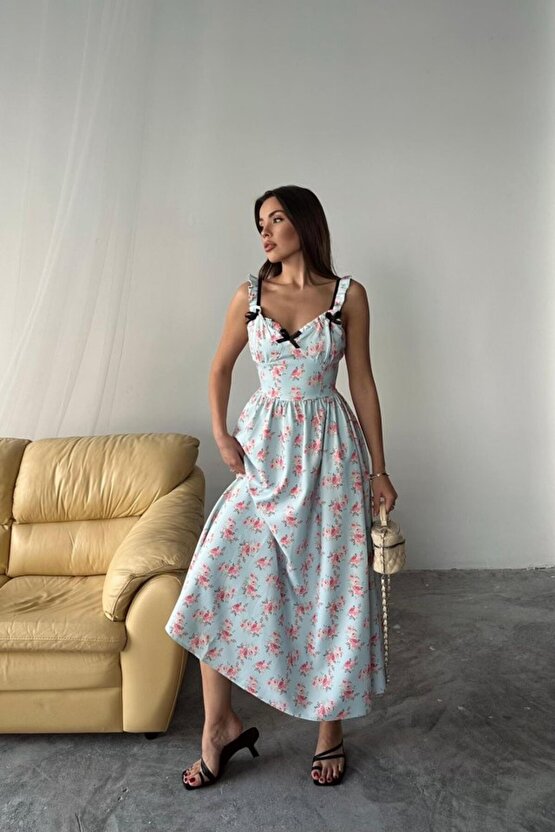Gökyüzü Moda Bebe Mavi Önü Fiyonklu Çiçekli Elbise