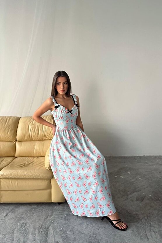 Gökyüzü Moda Bebe Mavi Önü Fiyonklu Çiçekli Elbise