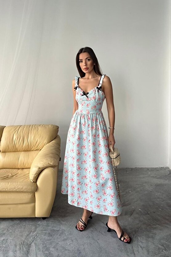 Gökyüzü Moda Bebe Mavi Önü Fiyonklu Çiçekli Elbise