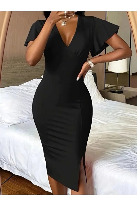Kadın Kısa Kollu Derin Dekolte V Yakalı Yırtmaçlı Midi Janjan Krep Elbise