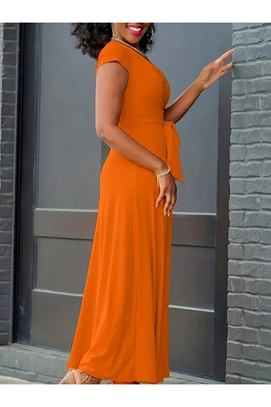 Kadın Kısa Kollu V Yakalı Belden Kuşaklı Maksi Boy Viskon Elbise