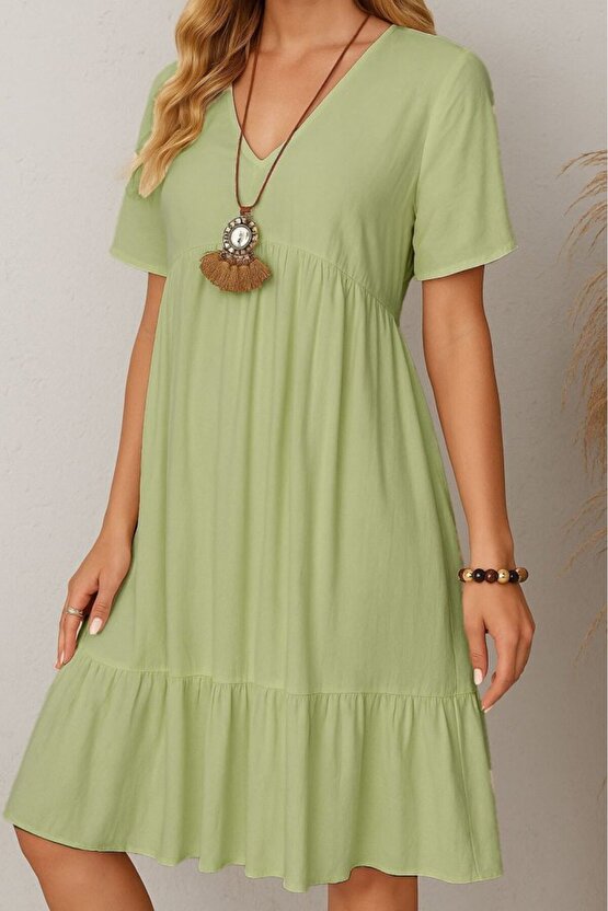 Gökyüzü Moda Kadın Kısa Kollu V Yakalı Fırfırlı Bürümcük Elbise