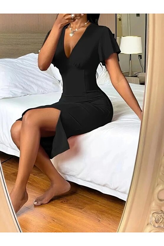 Kadın Kısa Kollu Derin Dekolte V Yakalı Yırtmaçlı Midi Janjan Krep Elbise