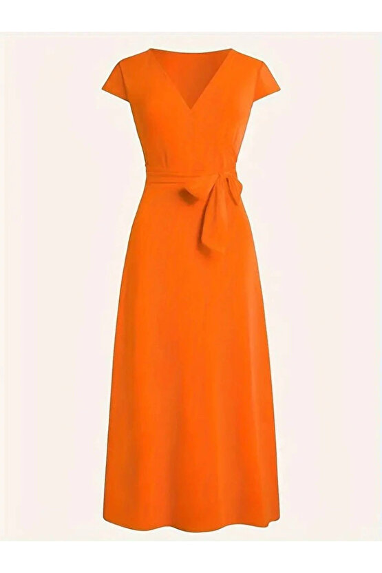 Kadın Kısa Kollu V Yakalı Belden Kuşaklı Maksi Boy Viskon Elbise